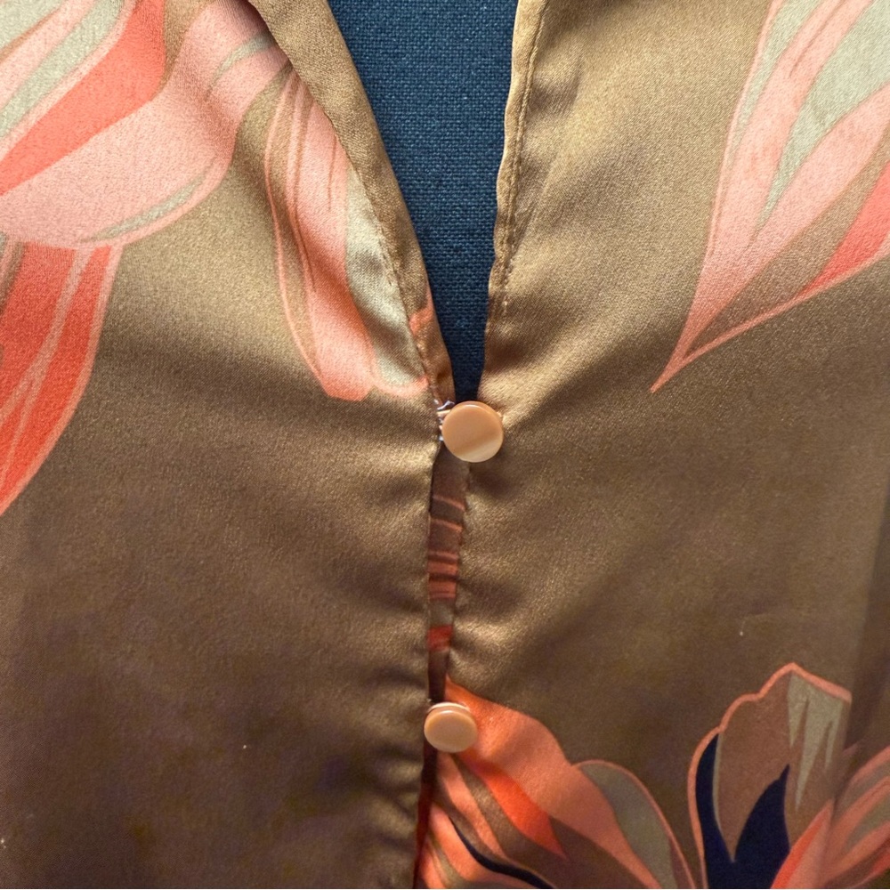 Worthington XL Satin Blouse Brown Orange Floral Button Down Long Sleeve Top - Picture 2 of 8